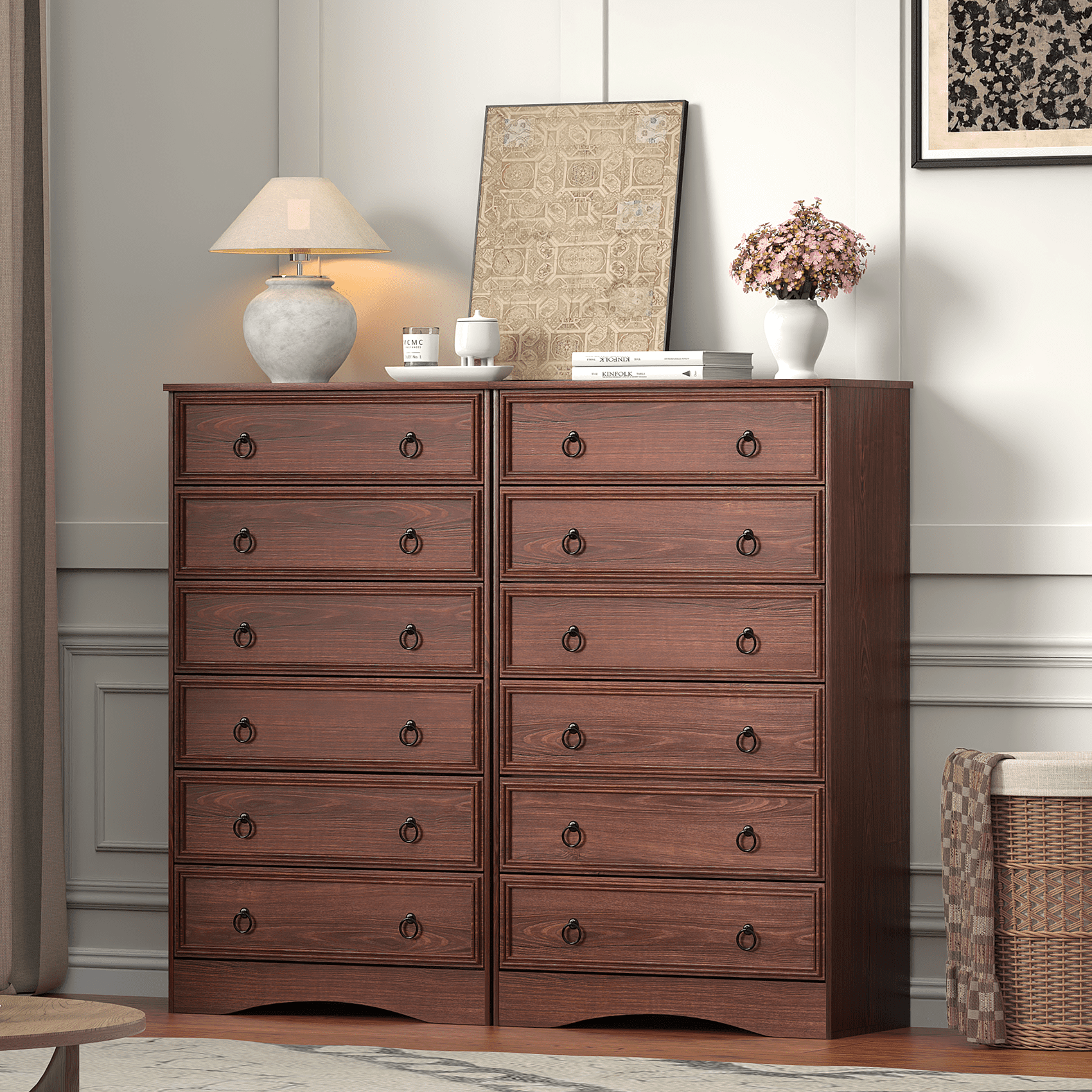 Frmobepts 6 Drawer Dresser Chest Tall Drawers Wood Cabinet for Bedroom, Cherry