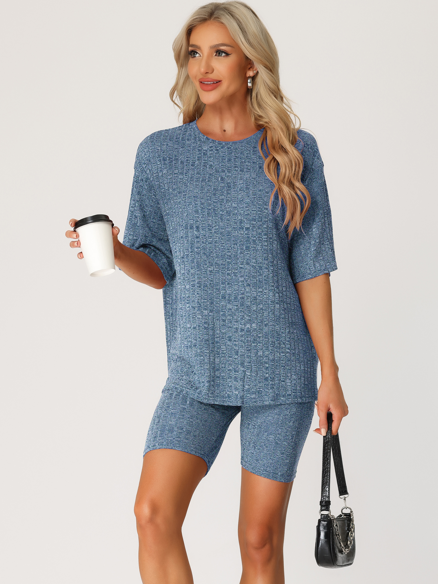 DARING DIVA Women's 2-Piece Knit Soft Tracksuit Short Sleeve Sweatshirt Set XL Blue