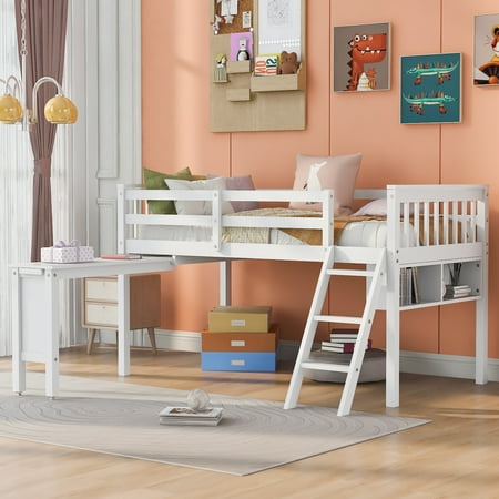 Twin Size Loft Bed With Removable Desk and Cabinet  White