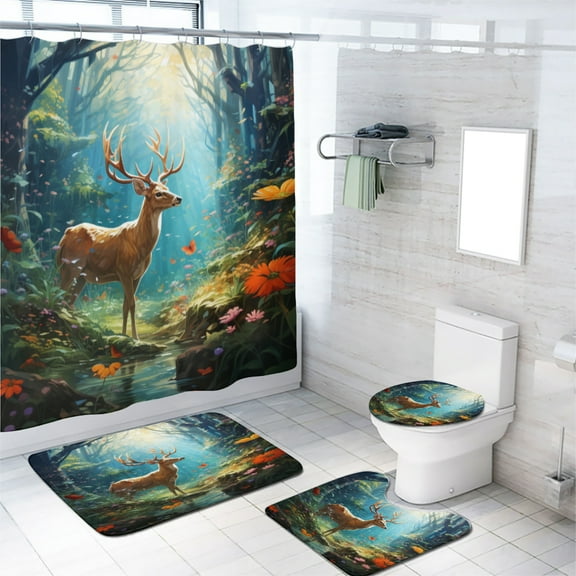 Forest Deer 4 Pcs Shower Curtain Set Spring Colourful Flowers Butterfly Rainforest Landscapes with 12 Hooks, Bath Mat Set Bathroom Decor by Durable Waterproof Fabric, 72x72 Inch