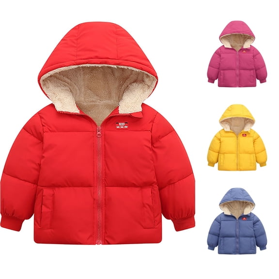 Krdevn Kids Solid Hooded Lined Padded Coat Quilted Winter Jacket Label Patch Outerwear Red,3-4 Years