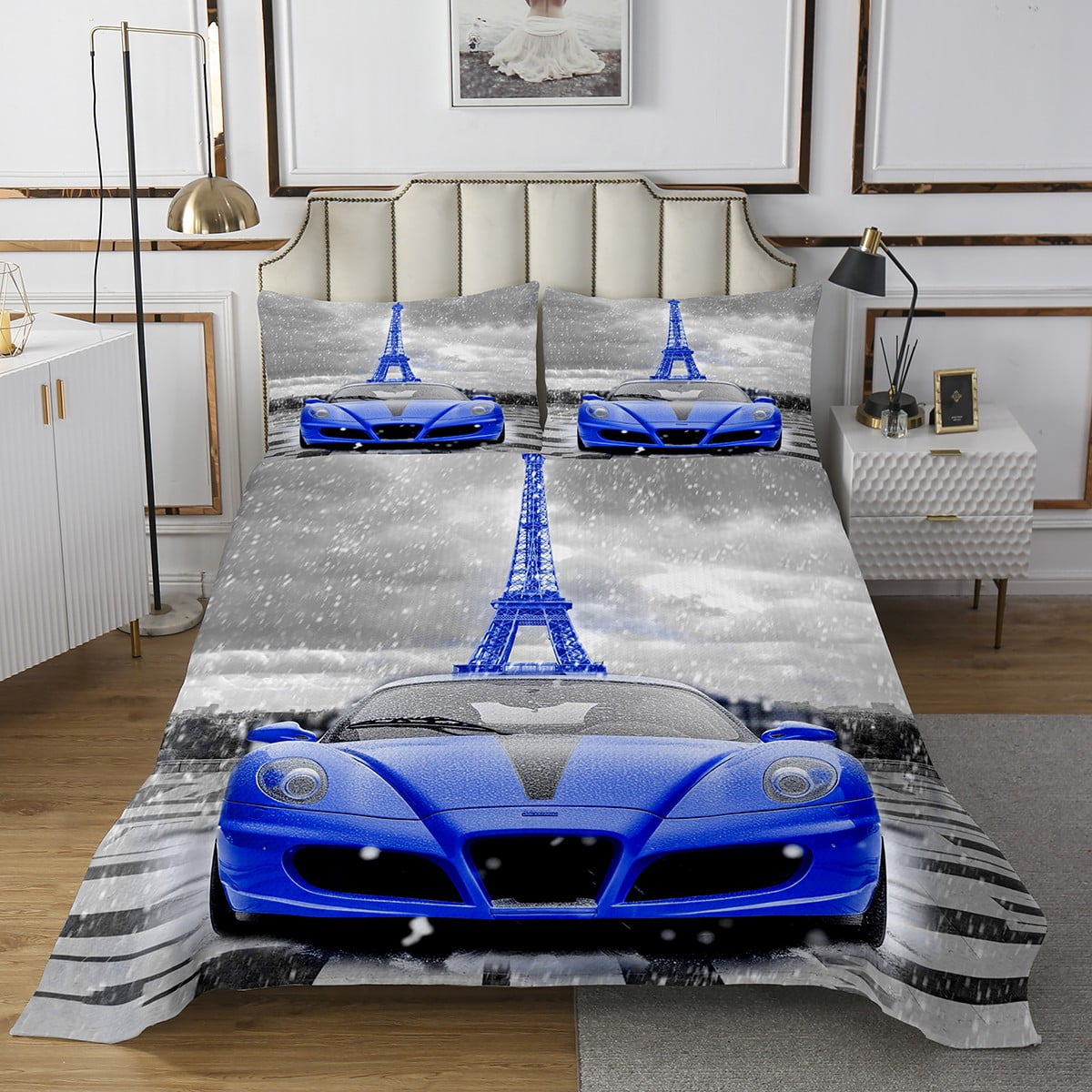 Erosebridal Racing Car Bedspread Sets Queen Size, Eiffel Tower Bed Quilt, Speed Sport Bedding Set, Microfiber Room Decoration, 3 Pieces
