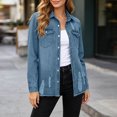 thumbnail image 6 of TGSLY Women's Fall Denim Jacket Lightweight Collared Snap Button Down Long Sleeve Jean Coat Relaxed Casual Solid Color Frayed Hem Outerwear XL, 6 of 7