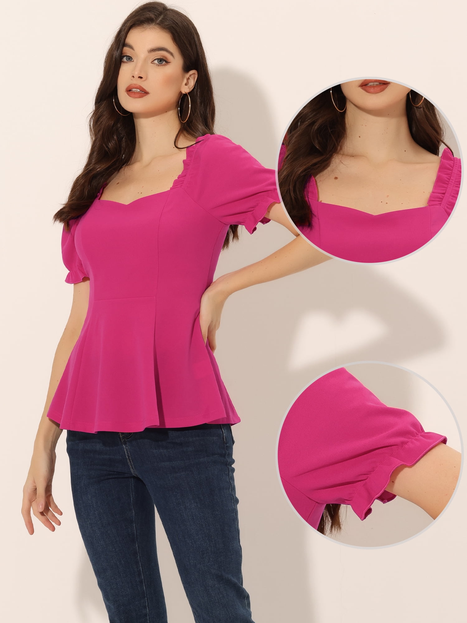 DARING DIVA Puff Sleeve Elegant Ruffle Peplum Blouse M Hot Pink