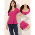 thumbnail image 2 of Top peplum con volantes para mujer Blusa elegante de trabajo de oficina con cuello de corazón y mangas abullonadas Rosa Caliente L, 2 of 5