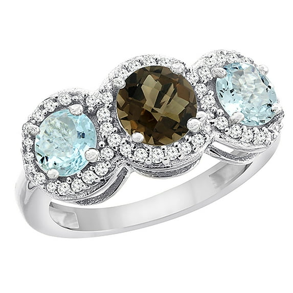 14K White Gold Natural Smoky Topaz & Aquamarine Sides Round 3-stone Ring Diamond Accents, size 8