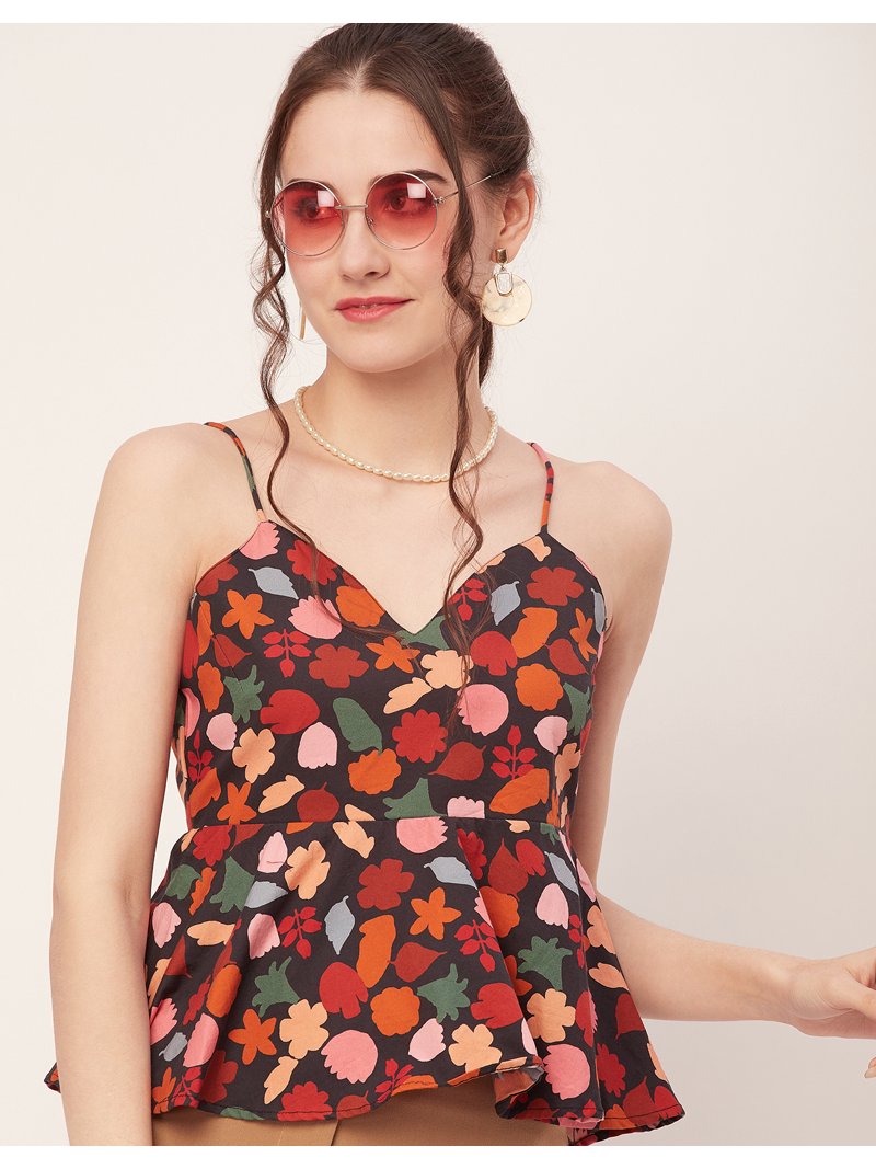 Moomaya Printed Peplum Tops For Women, Noodle Strap Blouse Top W