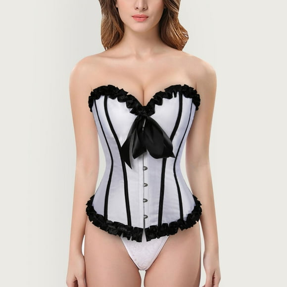 Zjloe7sa Shapers Women's Satin Contrast Color Organ Lace Shaping Top Buckle Bow Tie Court Corset White