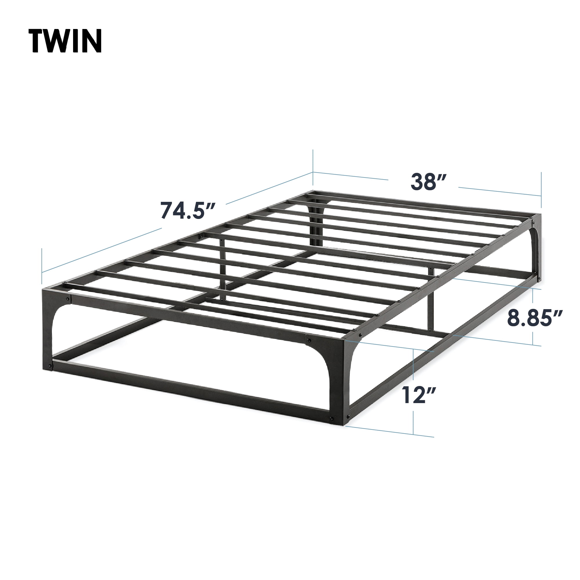 Mellow Ace of Base 12" Metal Platform Bed with Steel Slats, Black, Twin