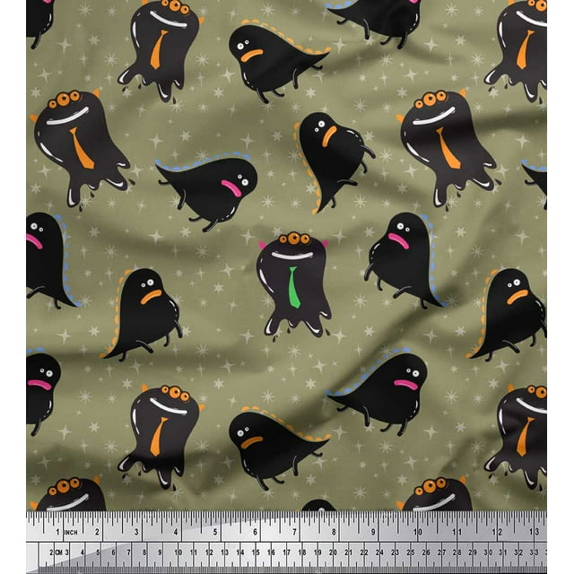 Soimoi Green Rayon Crepe Fabric Star & Monster Cartoon Print Sewing Fabric Yard 46 Inch Wide