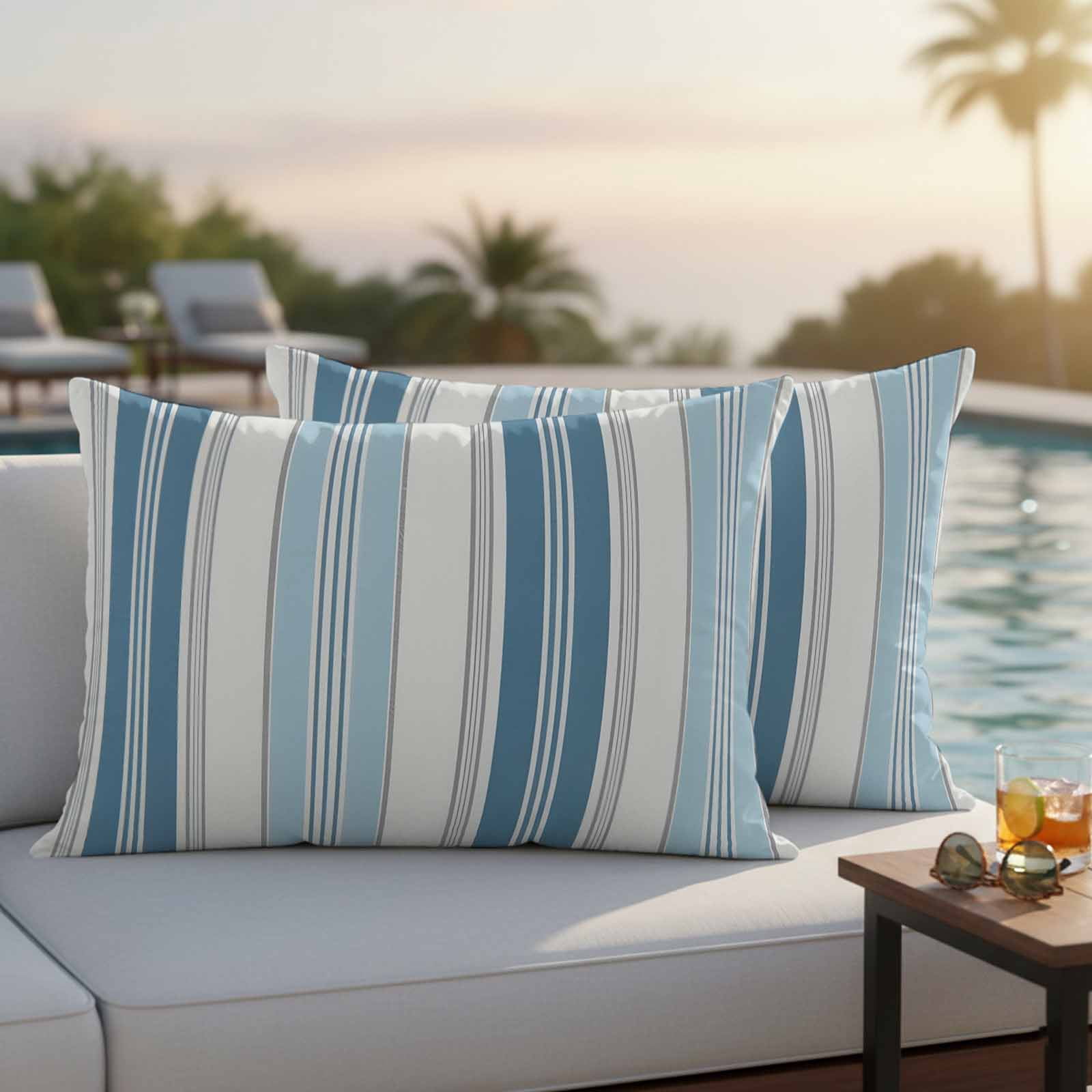 Blue Striped Outdoor Waterproof Pillow Covers, Modern Farmhouse Stripes Grey Decorative Rectangle Throw Pillowcase Sofa Cushion Sham for Patio/Couch/Chair, 20"x12" 2 Pack