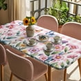 thumbnail image 3 of Pink Flowers Table Cloths for 4 Foot Rectangle Tables, Spring Floral Butterfly Leaves Plants Rustic Plaid Patio Waterproof Elastic Fitted Tablecloths, Washable Rectangular Table Cover for Camping, 3 of 8