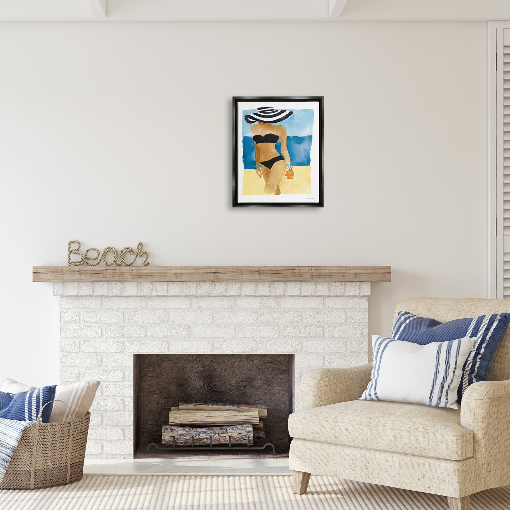 Stupell Industries Girl on Beach Painting Nature Painting Black Floater Framed Art Print Wall Art, 17 x 21