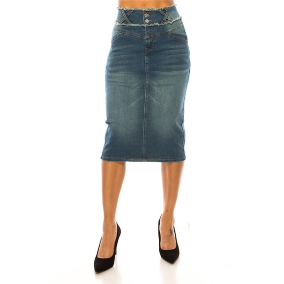 Be-Girl Women's High Waist Denim Pencil Skirt, Frayed Waistband Detail, Midi Length - SG-79158