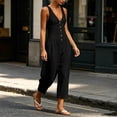 thumbnail image 7 of IUYRTFE Women Cotton Linen V Neck Button Down Jumpsuit Sleeveless Wide Leg Romper with Pockets, 7 of 7