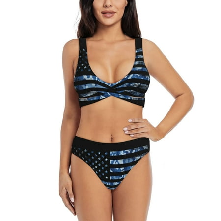 Zeuib Navy Camouflage American Flag High Waisted Tummy Control Bikini Set - Knot Front Push Up Top & Cheeky Thong Bottom  Two-Piece Swimsuit for Women-X-Large