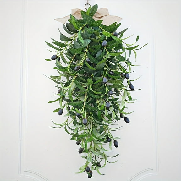 Peacheart Artificial Olive Teardrop Swag, 23.6" Spring Summer Wreath with Olive Leaf & Fruit for Indoor Outdoor All Year Round Farmhouse Home Front Door Wall Window Decor