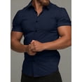 thumbnail image 4 of Men'S Muscle Fit Button Down Shirts Summer Casual Short Sleeve High Stretch Wrinkle-Free Shirt Navy Blue M, 4 of 10