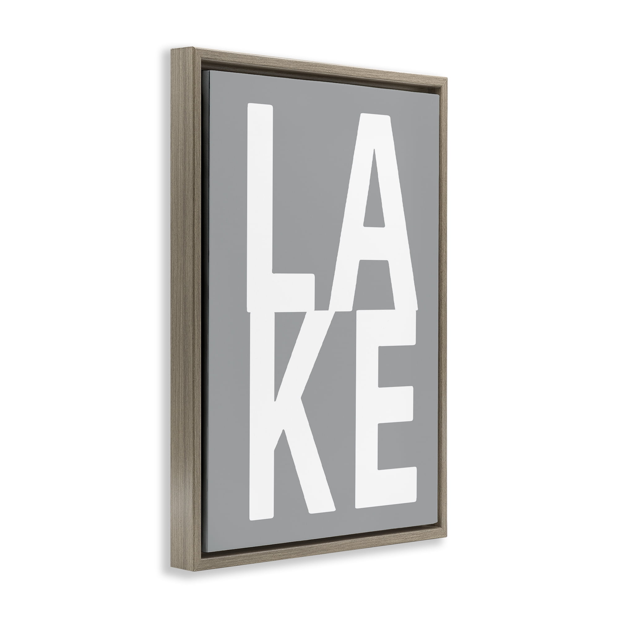 Stupell Industries Lake Word on Grey Typography Painting Brown Floater Framed Art Print Wall Art, 17 x 25