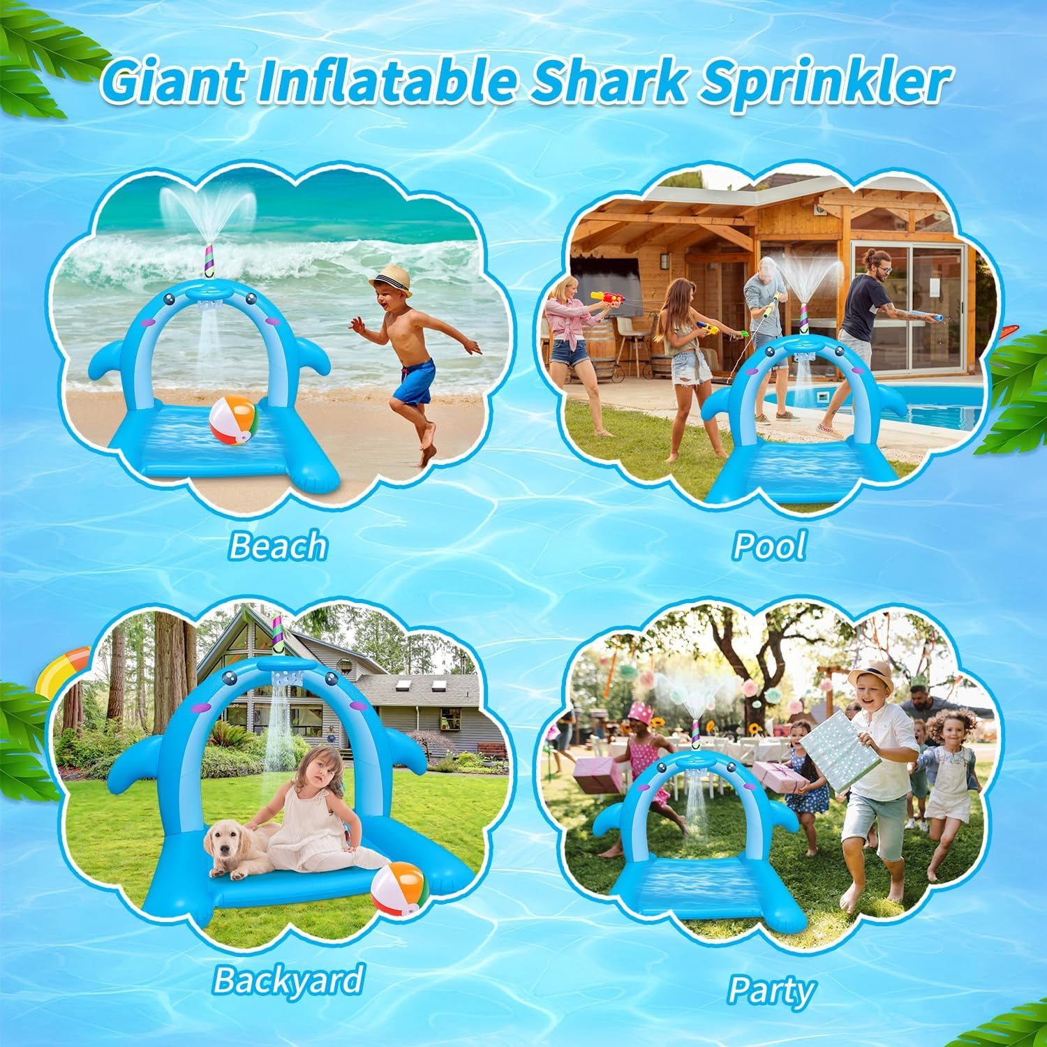 Sprinkler for Kids Outdoor Play - Giant Inflatable Shark Water Toys Splash Pad with Basketball Hoop and Tossing Game, Summer Outdoor Game for 3-8 Year Old, Water Fun Sprinkler for Kids