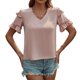 thumbnail image 1 of Blusa holgada de manga corta color rosa para oficina, talla XL, blusa con escote en V y volantes para verano, 1 of 8