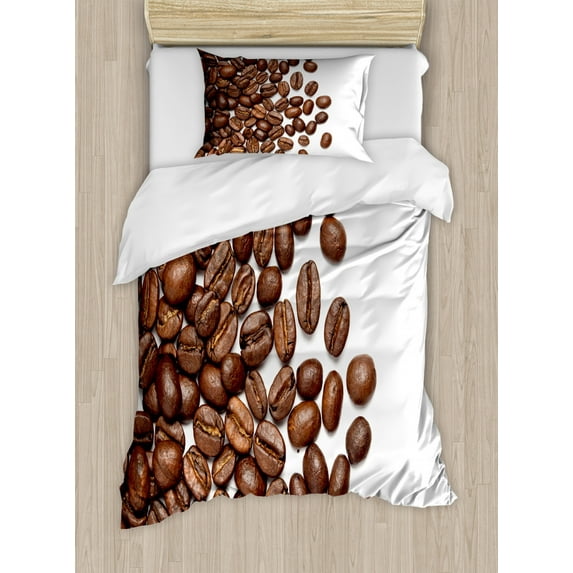 Coffee Duvet Cover Set, Overview Layout of Scattered Dark Beverage with Caffeine, Decorative 2 Piece Bedding Set with 1 Pillow Shams, Twin Size, Pale Chocolate Brown, by Ambesonne