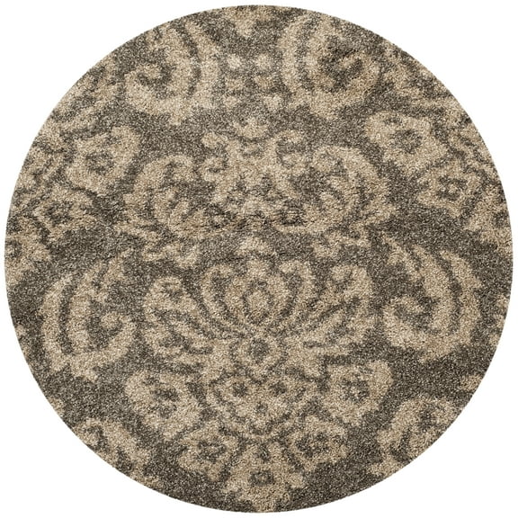 SAFAVIEH Florida Desmond Damask Shag Area Rug, Smoke/Beige, 4' x 4' Round