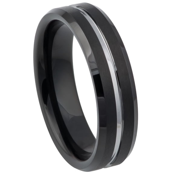 Custom Personalized Engraving Wedding Band Ring Set for Him & Her - 6mm Two-tone Black IP Brushed with Steel Color Grooved Center Beveled Edge