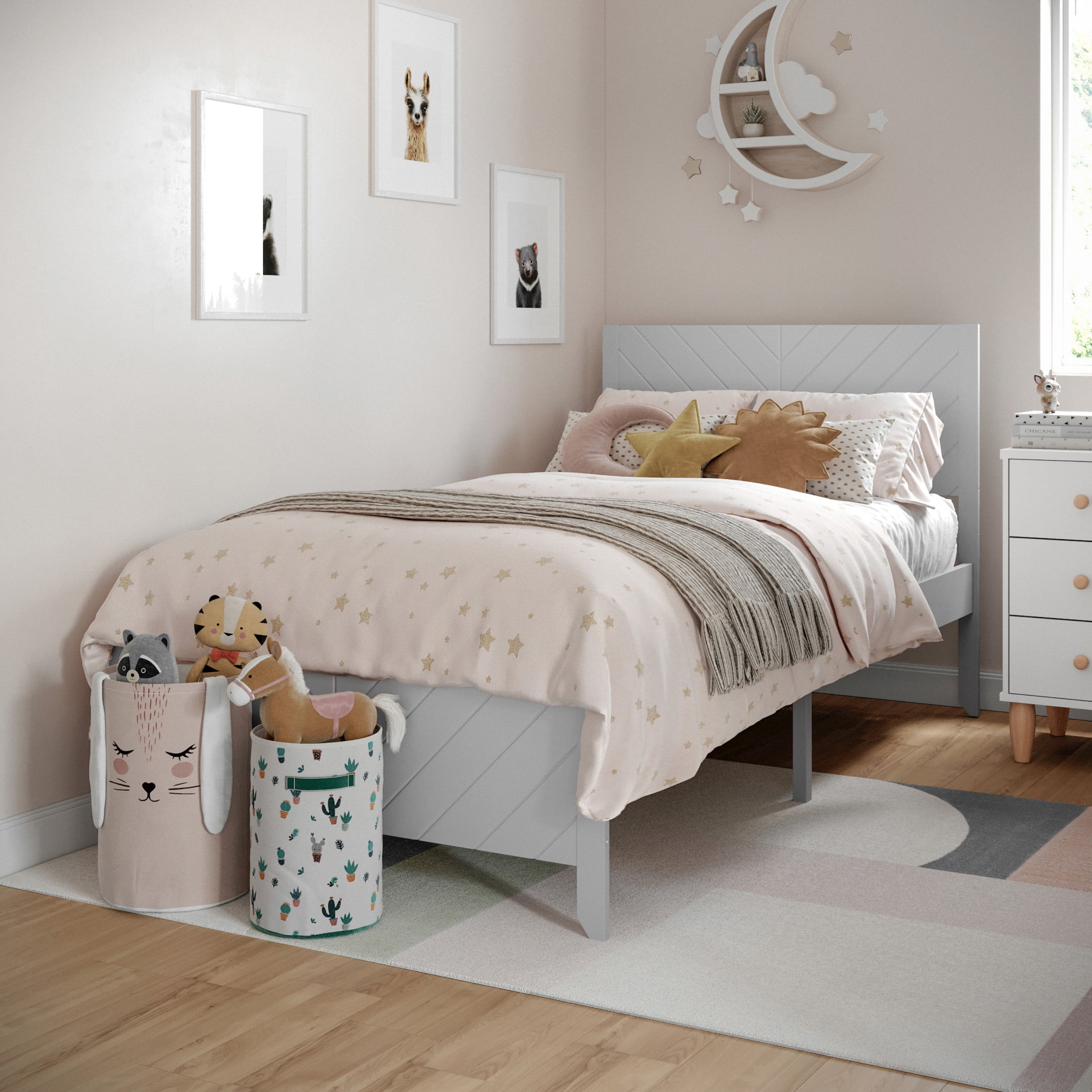 Buzz & Bloom Kids Twin-Size Platform Bed with Panel Headboard and Footboard, Gray