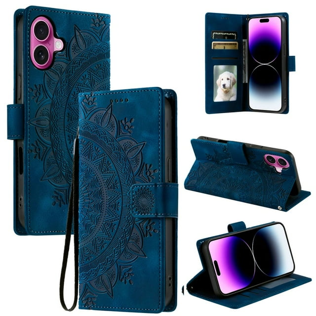 Étui à Rabat pour iPhone 16 Plus, Portefeuille en Cuir PU Premium avec Fleurs en Relief Totem, Couverture Folio avec Porte-Cartes et Support Compatible avec iPhone 16 Plus - Bleu