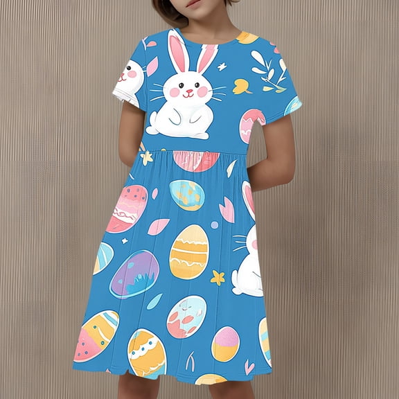 Riecok Girls Easter Bunny Egg Dress (4-14 Years) Big Kids Short Sleeve Print Patchwork Pleated Sundress Multicolor 170