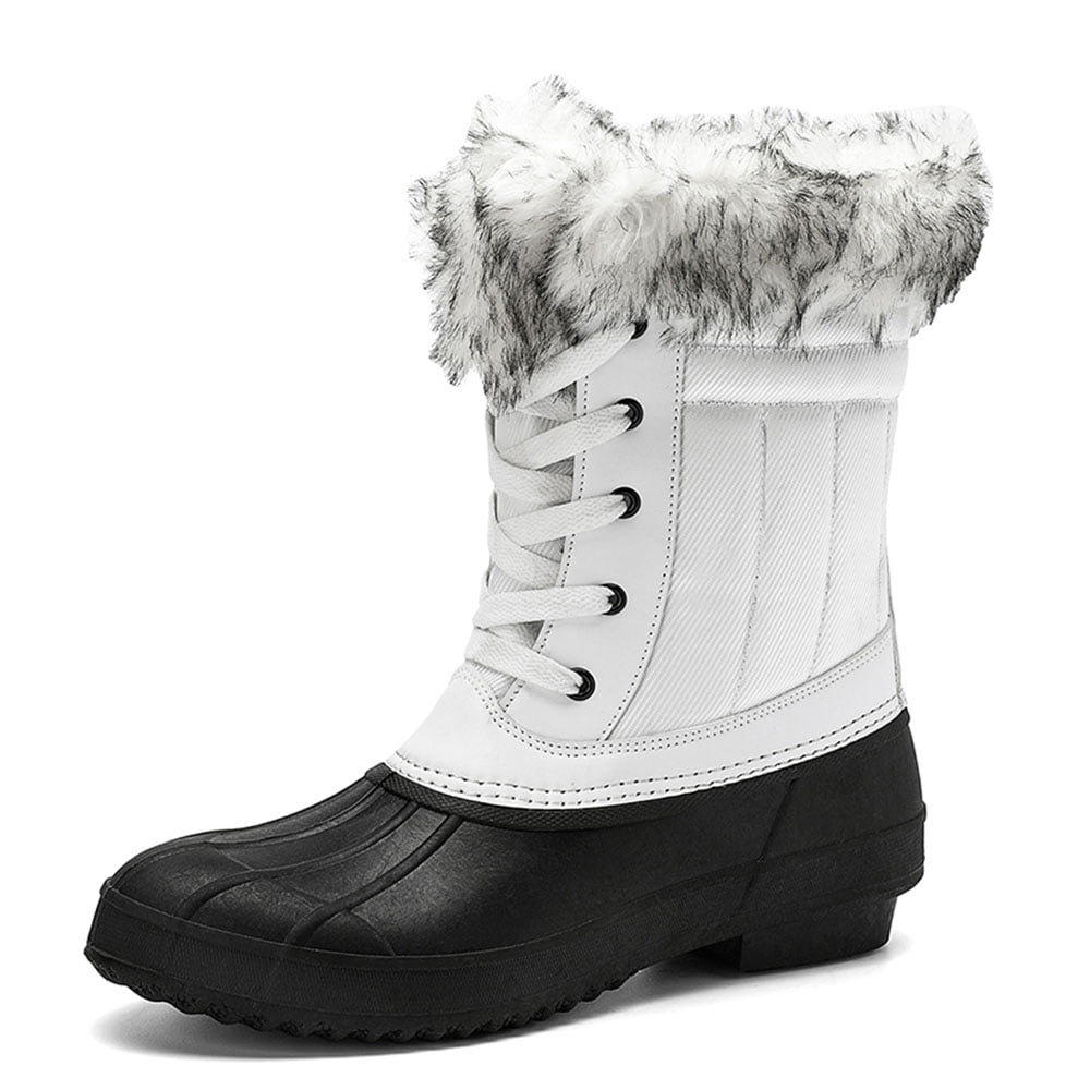 Earlde Women Waterproof Snow Boots Faux Fur Mid Calf Lace Up Winter