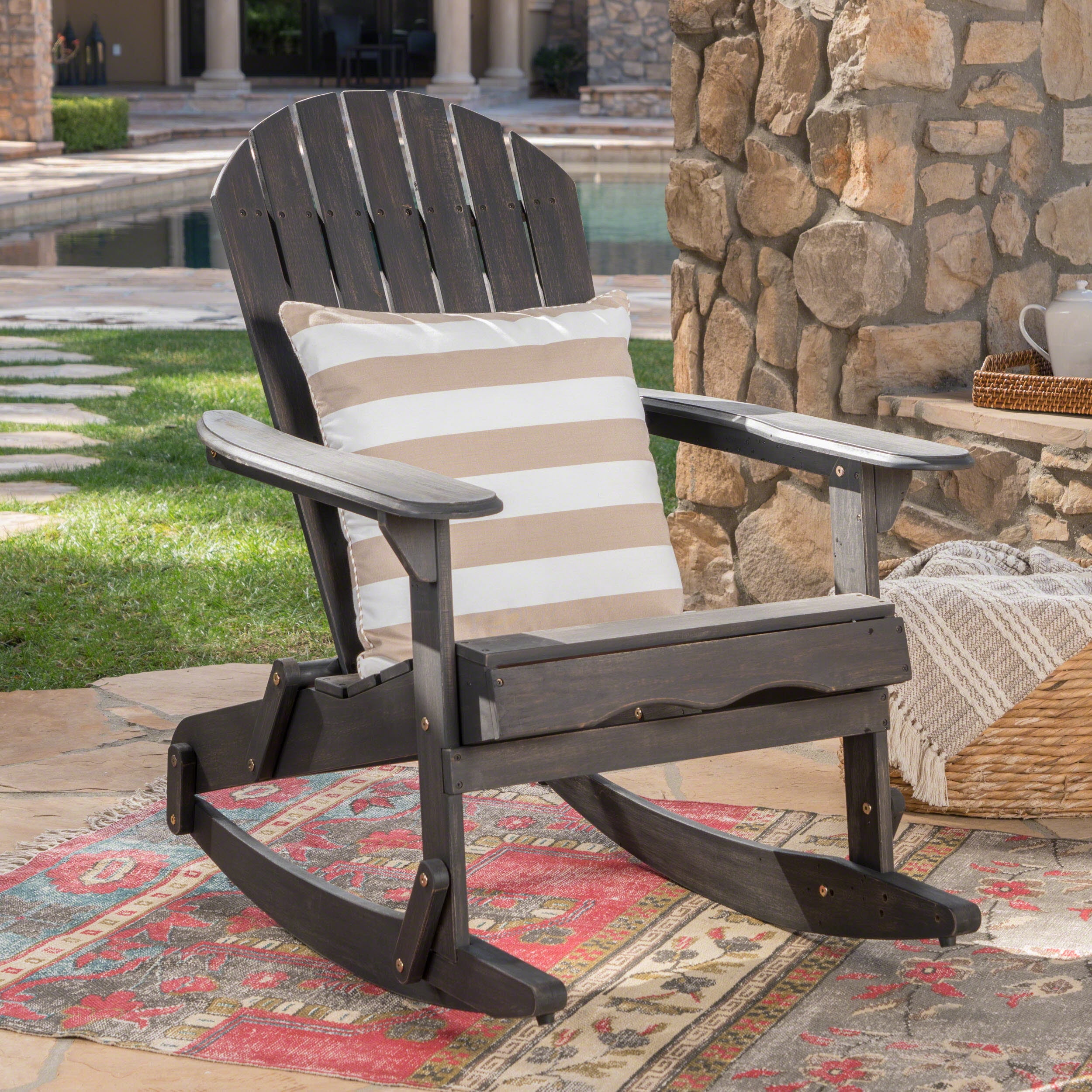 Outdoor Adirondack Rocking Chair, Solid Acacia Wood Swing Seat for Patio Garden, Dark Gray