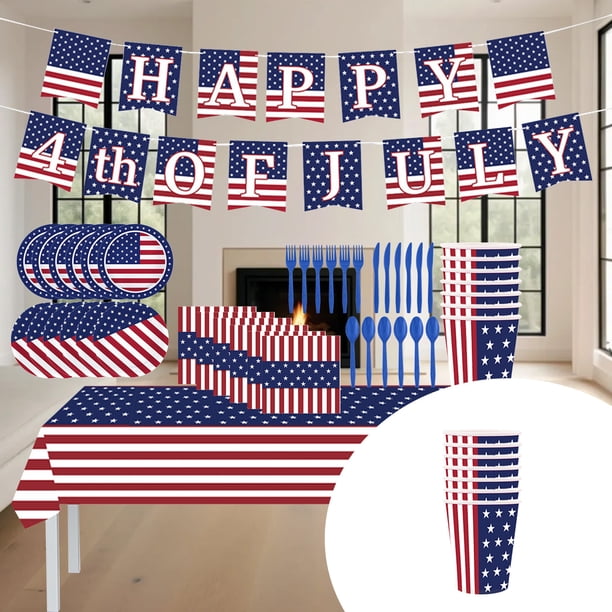 Set de Suministros para Fiesta Del Día de La Independencia con La Bandera de Ee. Uu. | Vasos, Platos, Cubiertos y Mantel Desechables | Vajilla Patriótica Multicolor para El 4 de Julio, Día Del Trabaj