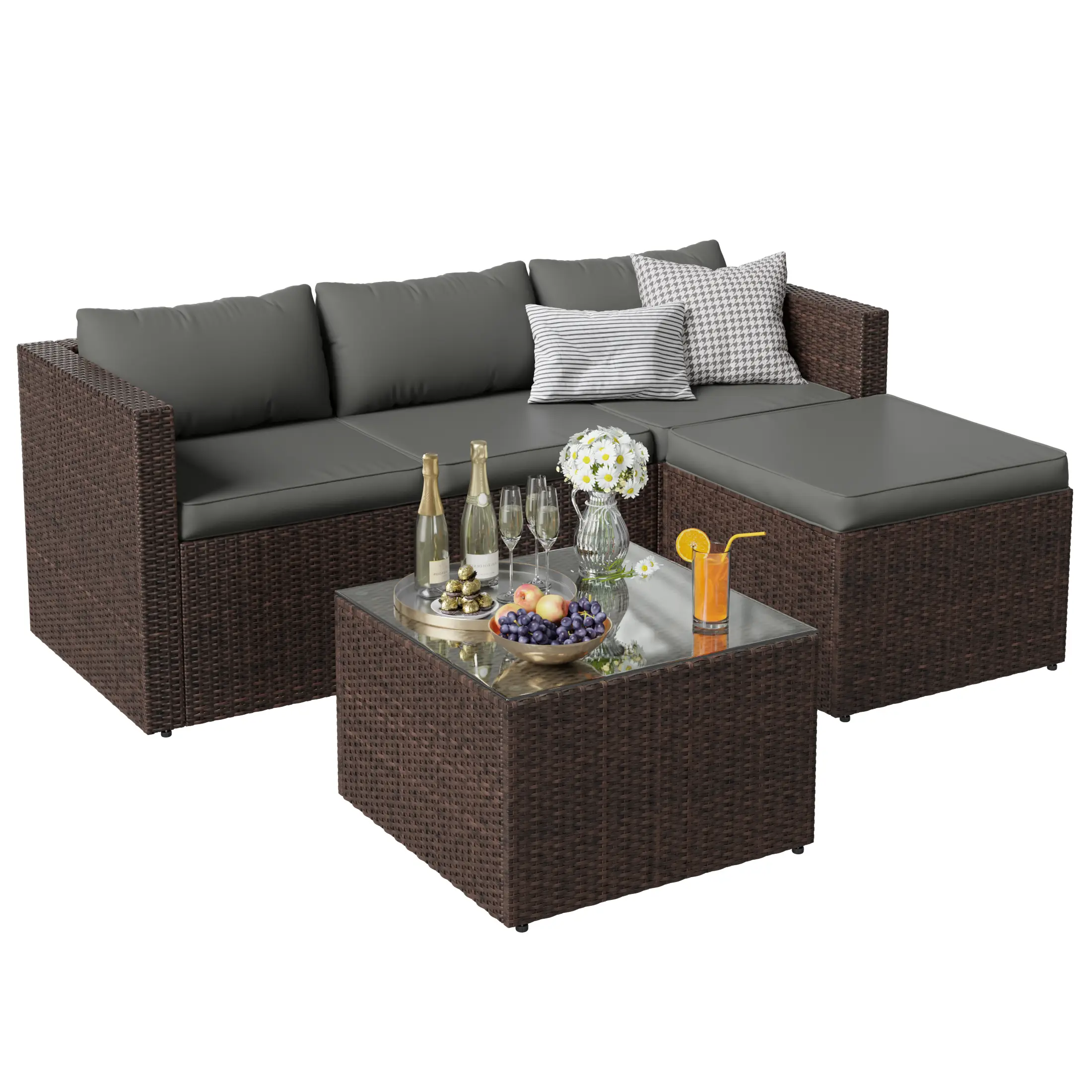 UDPATIO 5-Piece Patio Furniture Set,Outdoor Patio Furniture Set All-Weather Rattan Wicker Patio Conversation Set with Ottoman, Cushions & Glass Table for Garden & Backyard, Gray