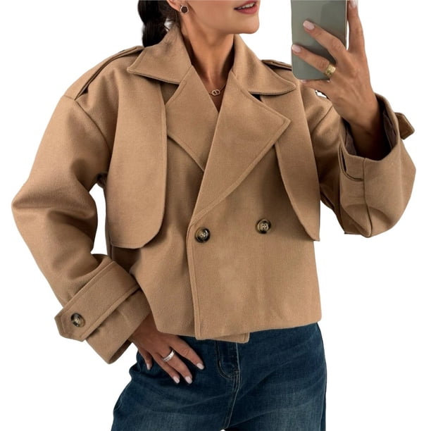 Gabardina Corta para Mujer, con Doble Botonadura y Cuello de Solapa, Chaqueta Corta de Larga para Otoño e Invierno Caqui XXL