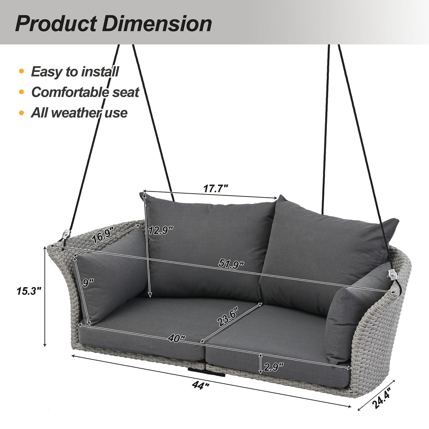 Kadyn 51.9" 2-Person Hanging Seat, Rattan Woven Swing Chair with Ropes, Gray Wicker and Cushion, Porch Swing Chair for Outdoor, Gray Kadyn 51.9" 2-Person Hanging Seat, Rattan Woven Swing Chair with Ropes, Gray Wicker and Cushion, Porch Swing Chair for Outdoor, Gray