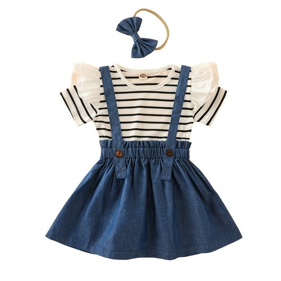 Hfolob Girl's 2 Piece Outfits Kids Baby Striped T Shirt Suspender Skirt Headband Sweet Girl Fashion Set 3-4 Years
