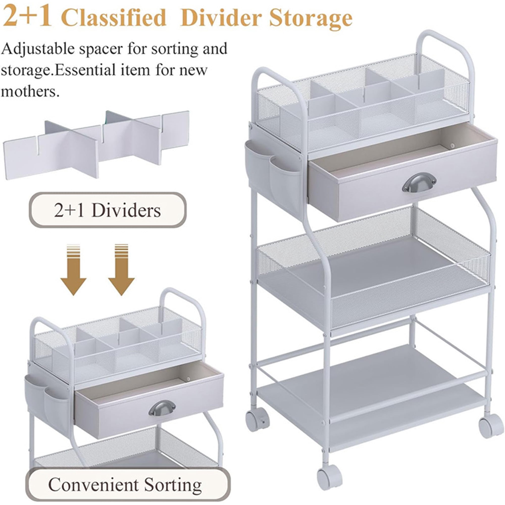 Gofinoday Baby Diaper Caddy Cart, 3-Tier Diaper Caddy Organizer with Drawer, Dividers & Lockable Wheels, White Nursery Storage Cart