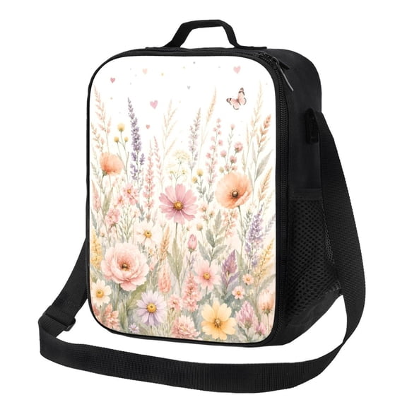 Pastel Wildflower Meadow Lunch Bag Insulated Thermal Lunch Box with Shoulder Strap & Handle for Women and Men
