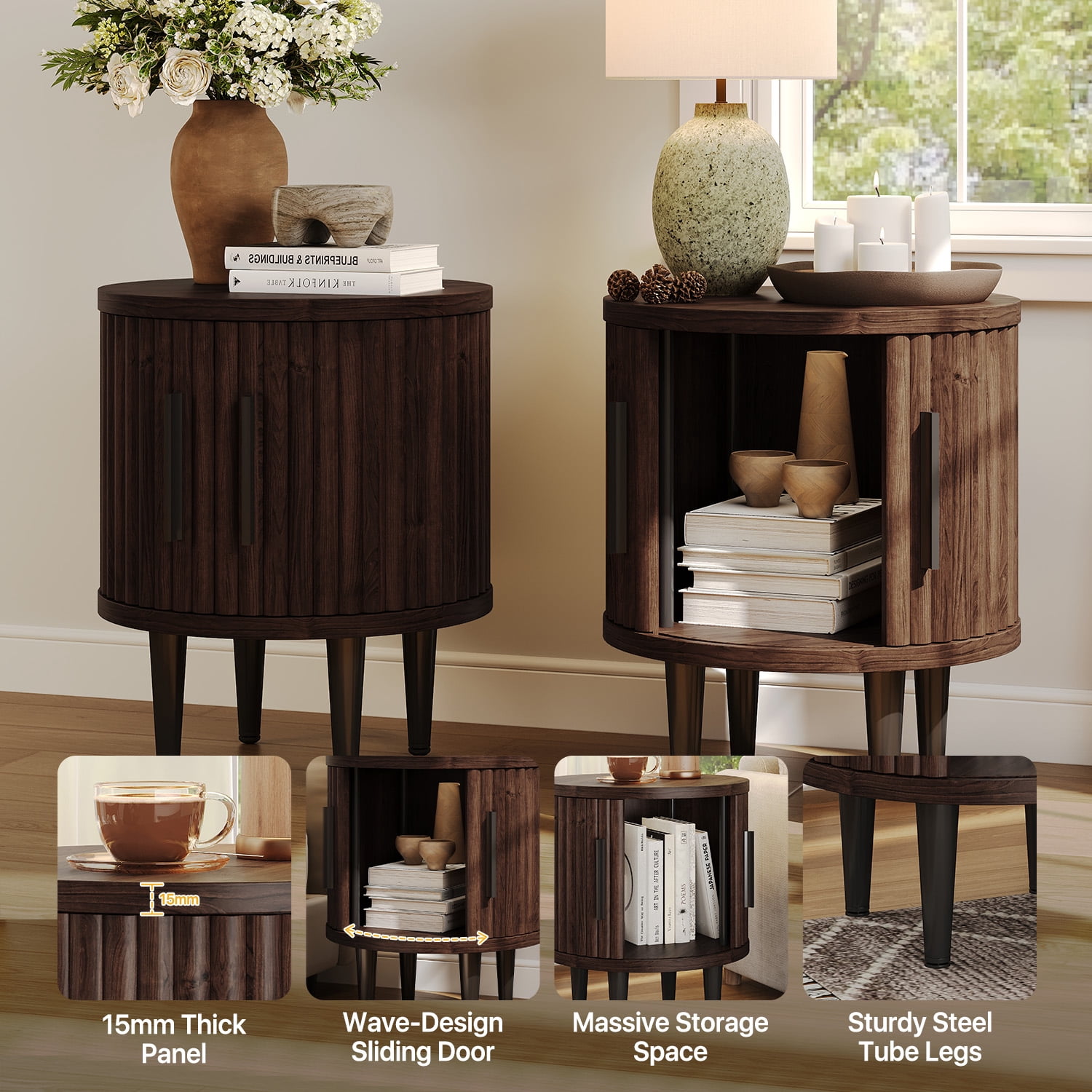 Sonegra Living Room Coffee Table Set 3-Piece Set, Including 31.5" Mid-Century Coffee Table and 2 End Tables with Storage Drawers, Brown