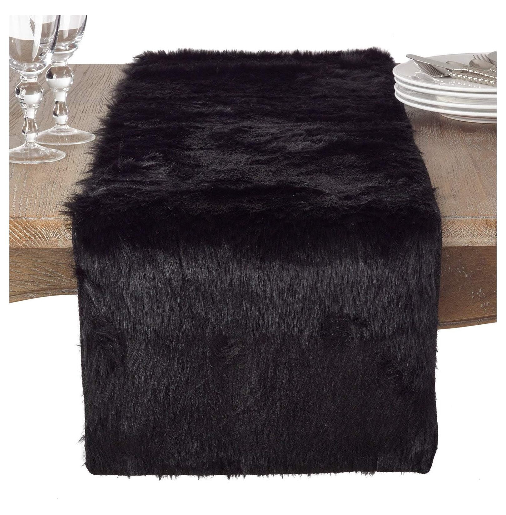Juneau Faux Fur Table Runner 15 x 90 Inch - Black Table Cover for Dining Room, Holiday Decor