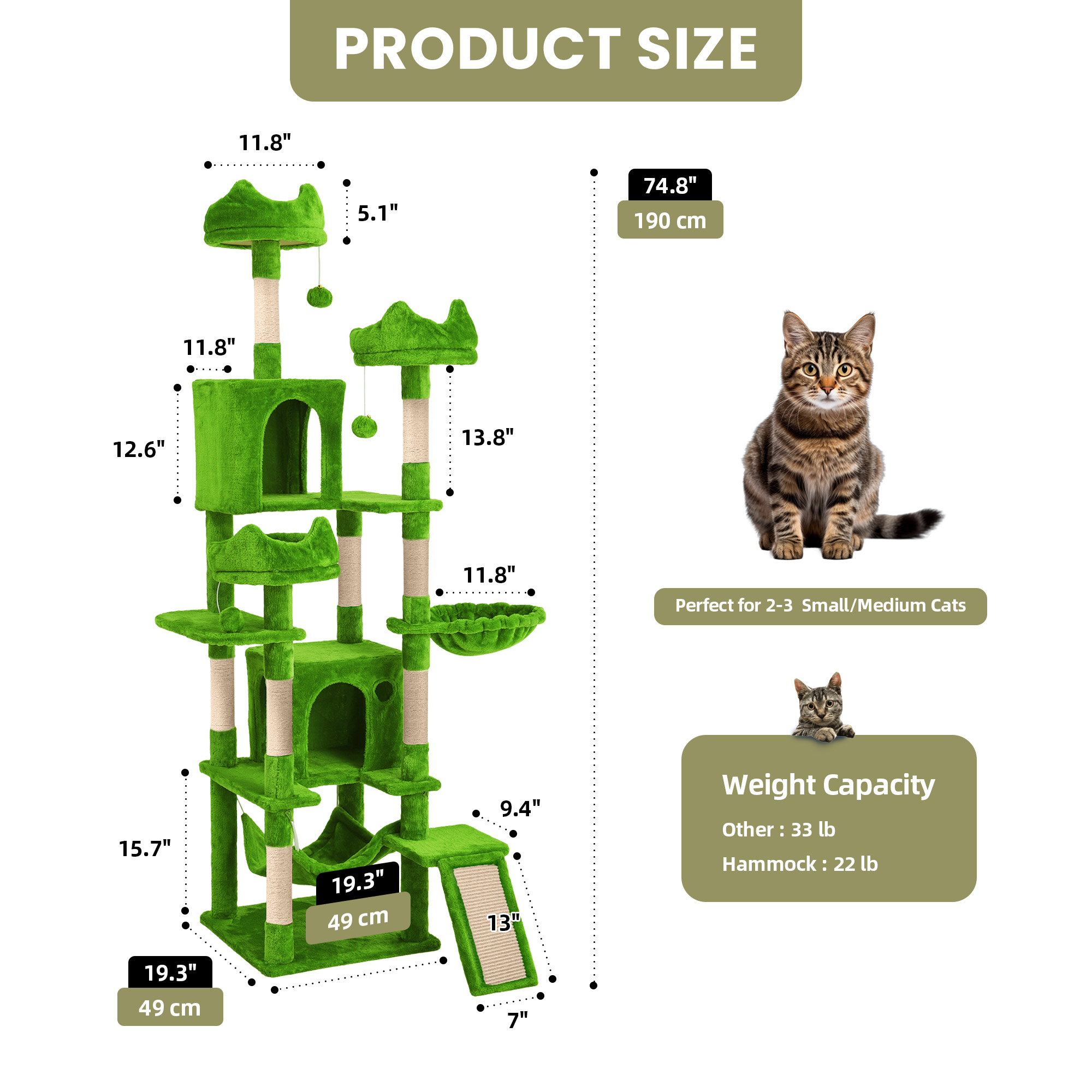 Uforic 75in Large Cat Tree Tower, Multi-Level Cat Condo with Scratch Posts, Cozy Basket Hammocks, Top Perches, Sisal Ramp, Green