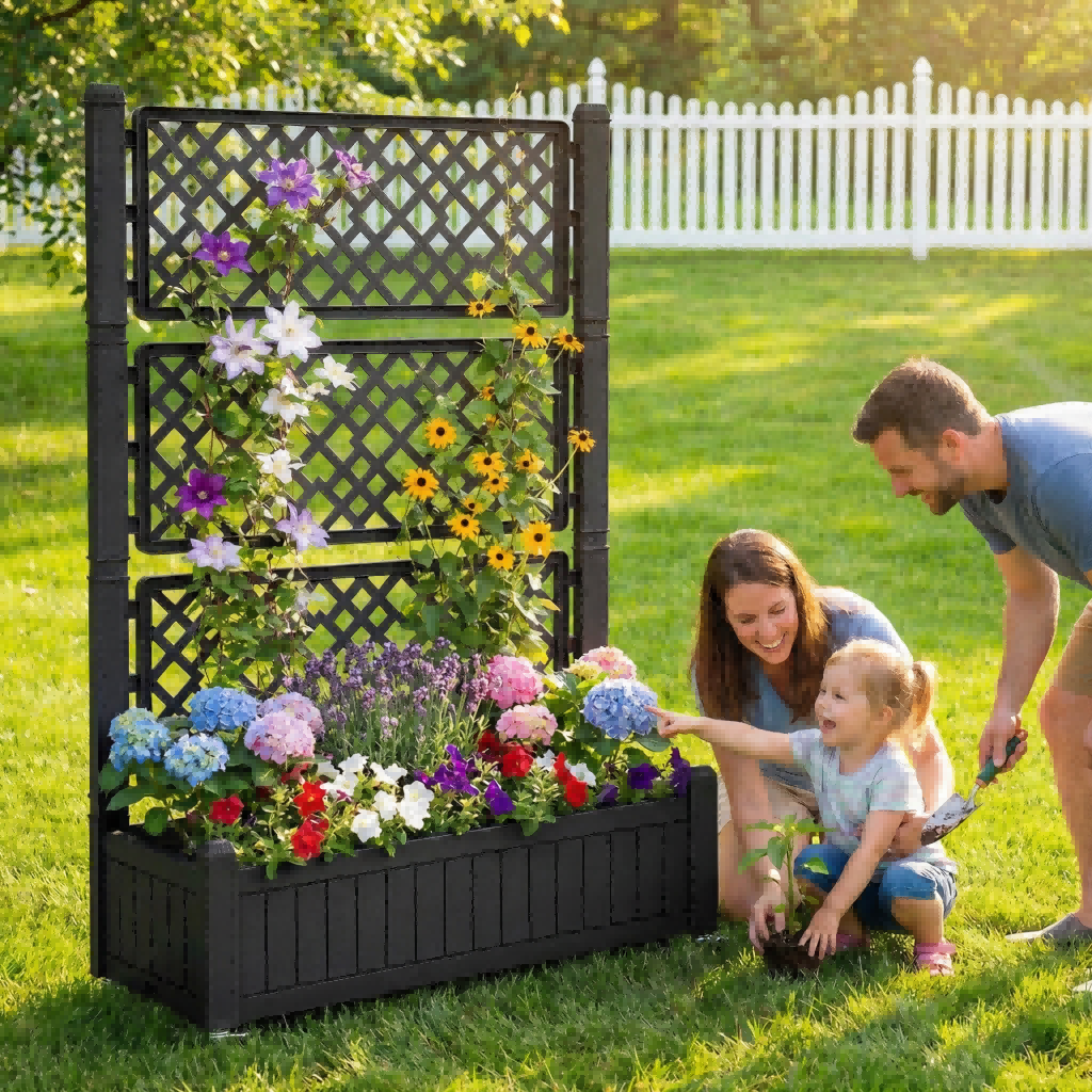 Uforic Outdoor 42.5x14.2x61 in Privacy Screen & Planter Box with Trellis, Raised Garden Bed with Wheels & Drain Plug, All-Weather Black Planter for Climbing Plants, Flowers, Herbs