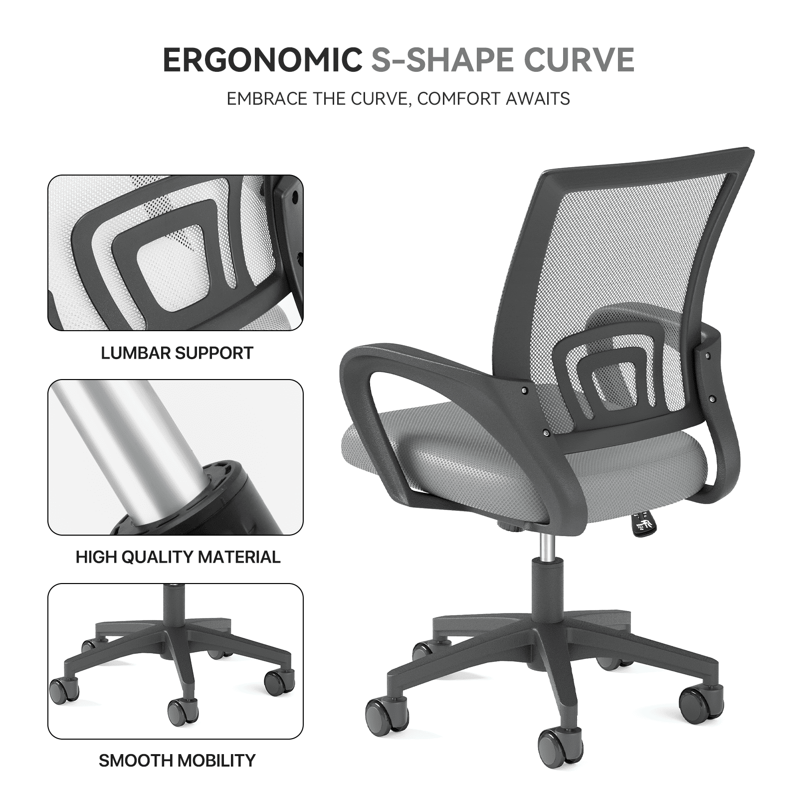OSM 2-Pack Ergonomic Mesh Office Chairs, Mid-Back Desk Chair with Lumbar Support, Swivel Computer Task Chair for Home Office, Gaming & Study, 300 lbs Capacity, Light Grey