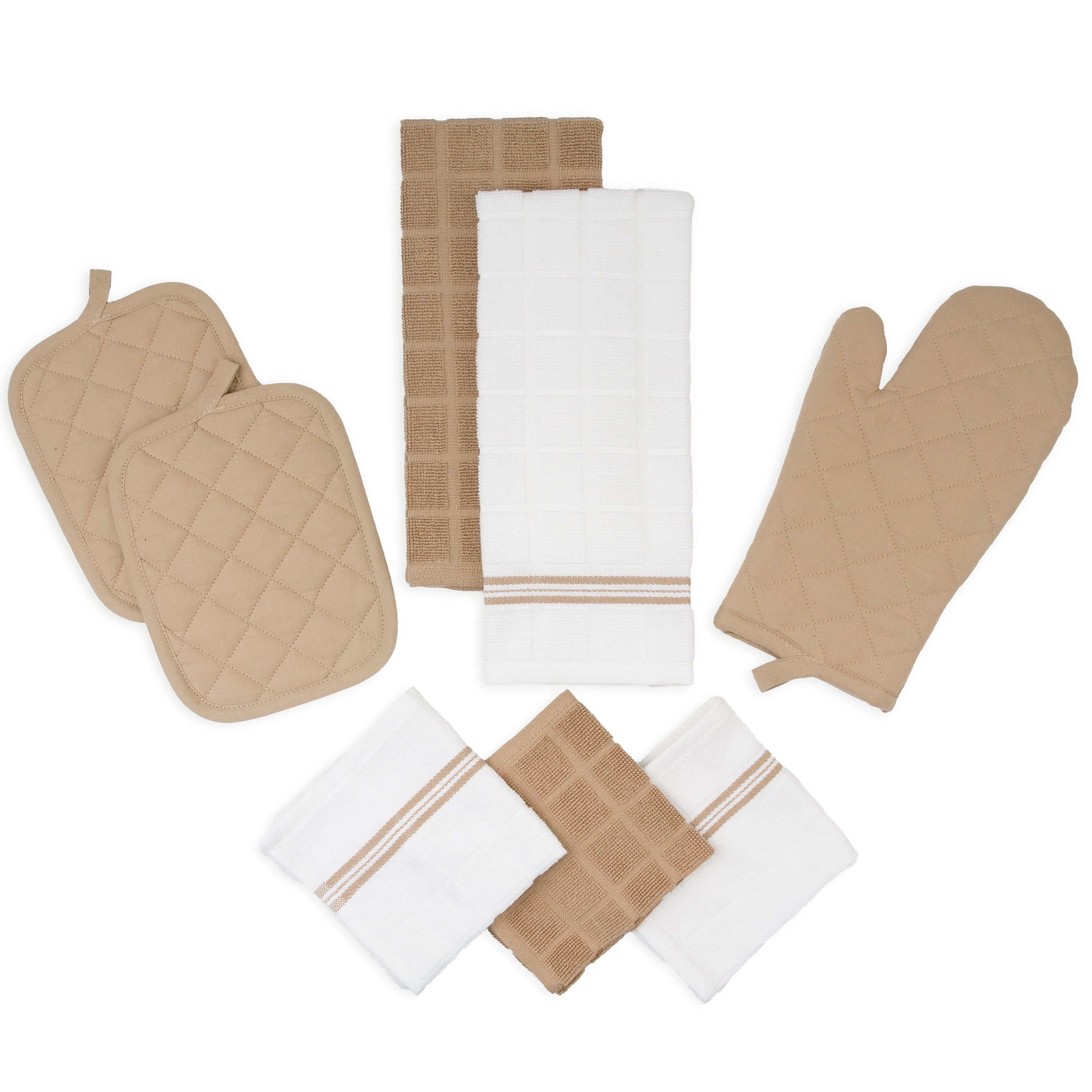 (4 pack) Mainstays 8-Piece Cotton Kitchen Towel, Dishcloth, Oven Mitt, and Pot Holder Set, Brown