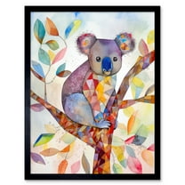 Koala On Tree With Multicolour Polygon Pattern Folk Art Watercolour Painting Art Print Framed Poster Wall Decor 12x16 inch