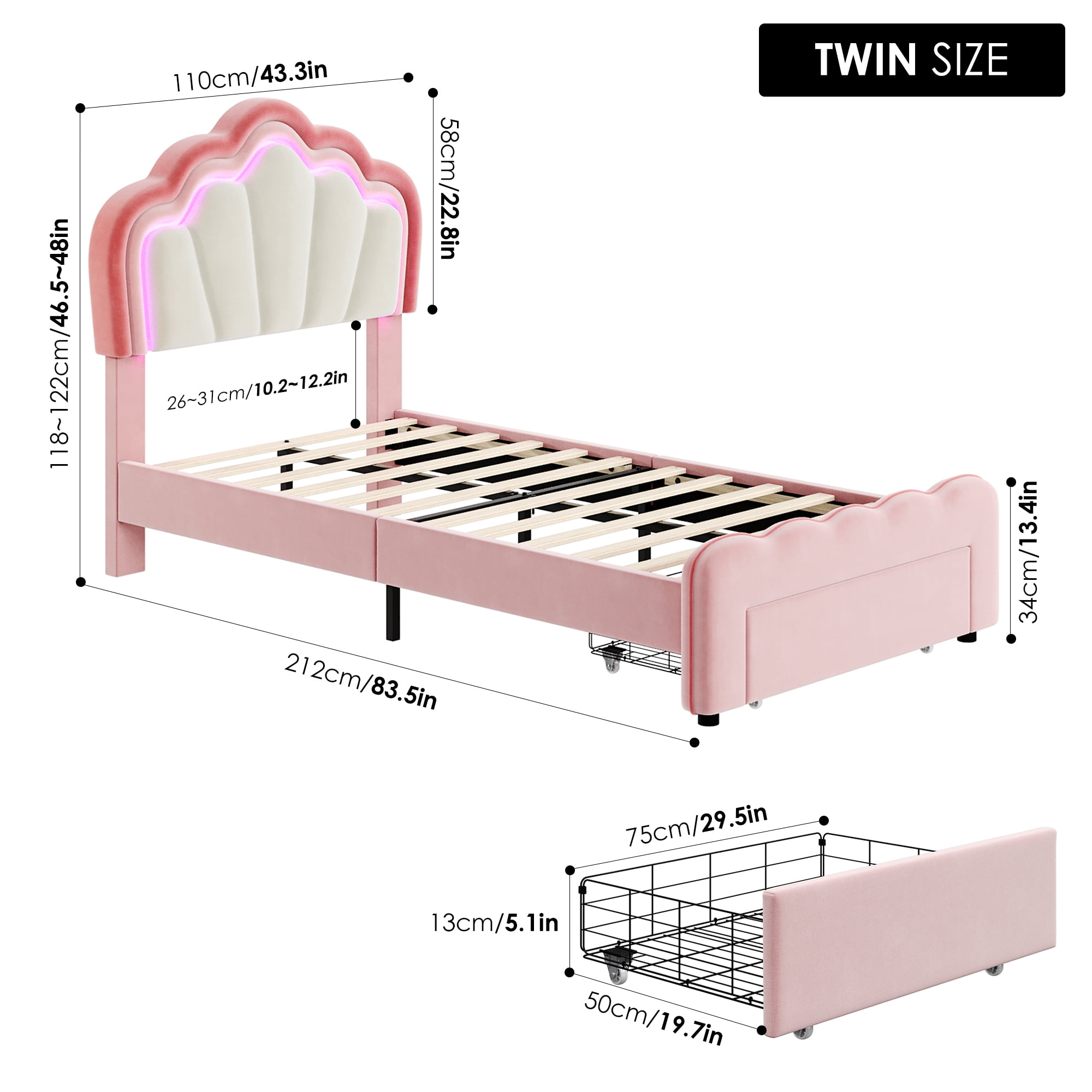Homfa Twin Size LED Bed Frame with Drawer, Velvet Upholstered Platform Bed Frame with Adjustable Petal Headboard, Pink