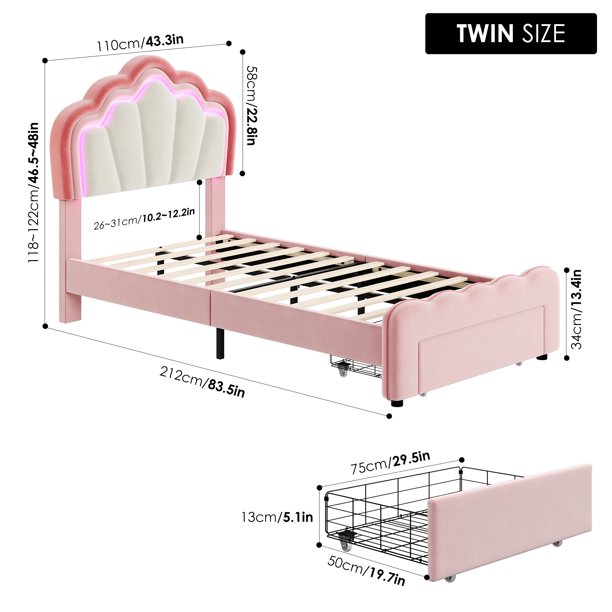 Homfa Upholstered Twin Size LED Bed Frame with Storage