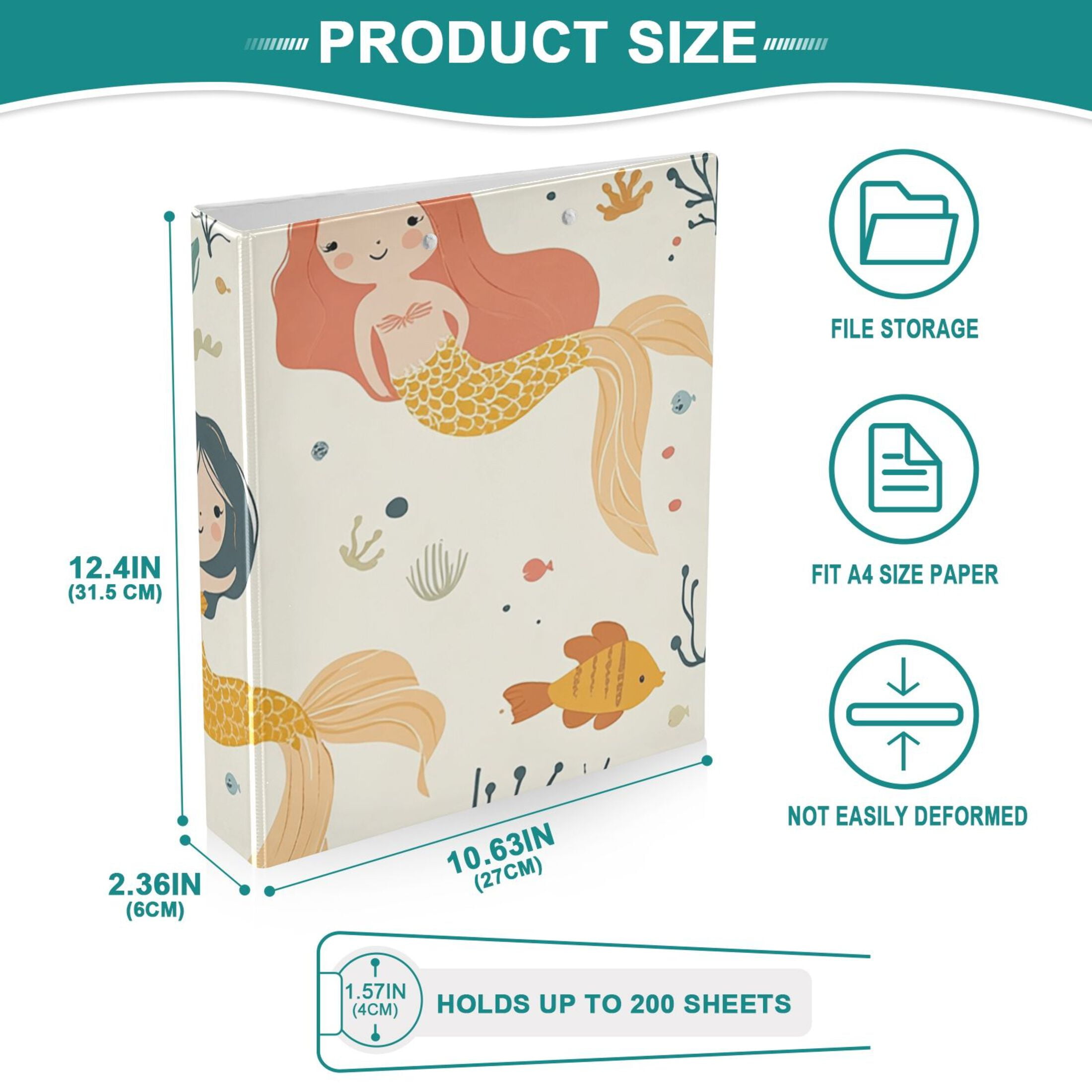 Mermaids Cartoon 3 Ring Binders 1.5 inch Hardcover File Folders with Interior Pockets A4 Size Organizer for School Office Hospital